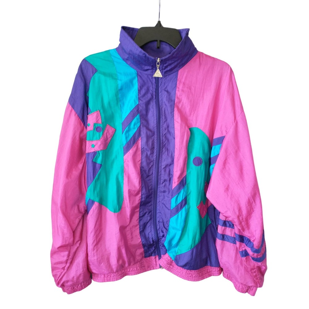 Vtg 90’s/80’s Retro Casual Isle Windbreaker Neon Pink Block Color Warm Up Sz XL